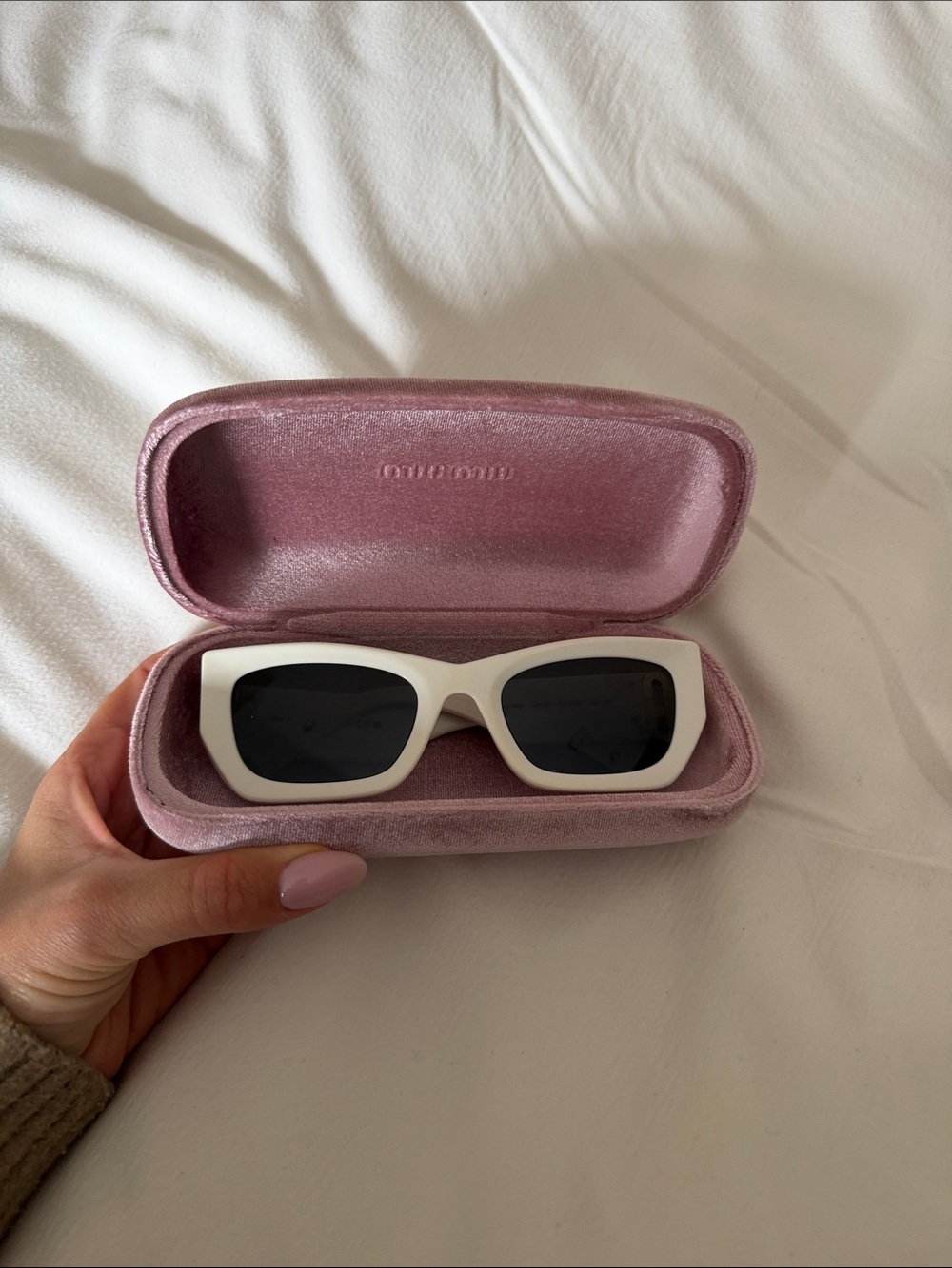 Miu Miu White Sunglasses with Gold Logo Accents - Picture 9 of 10